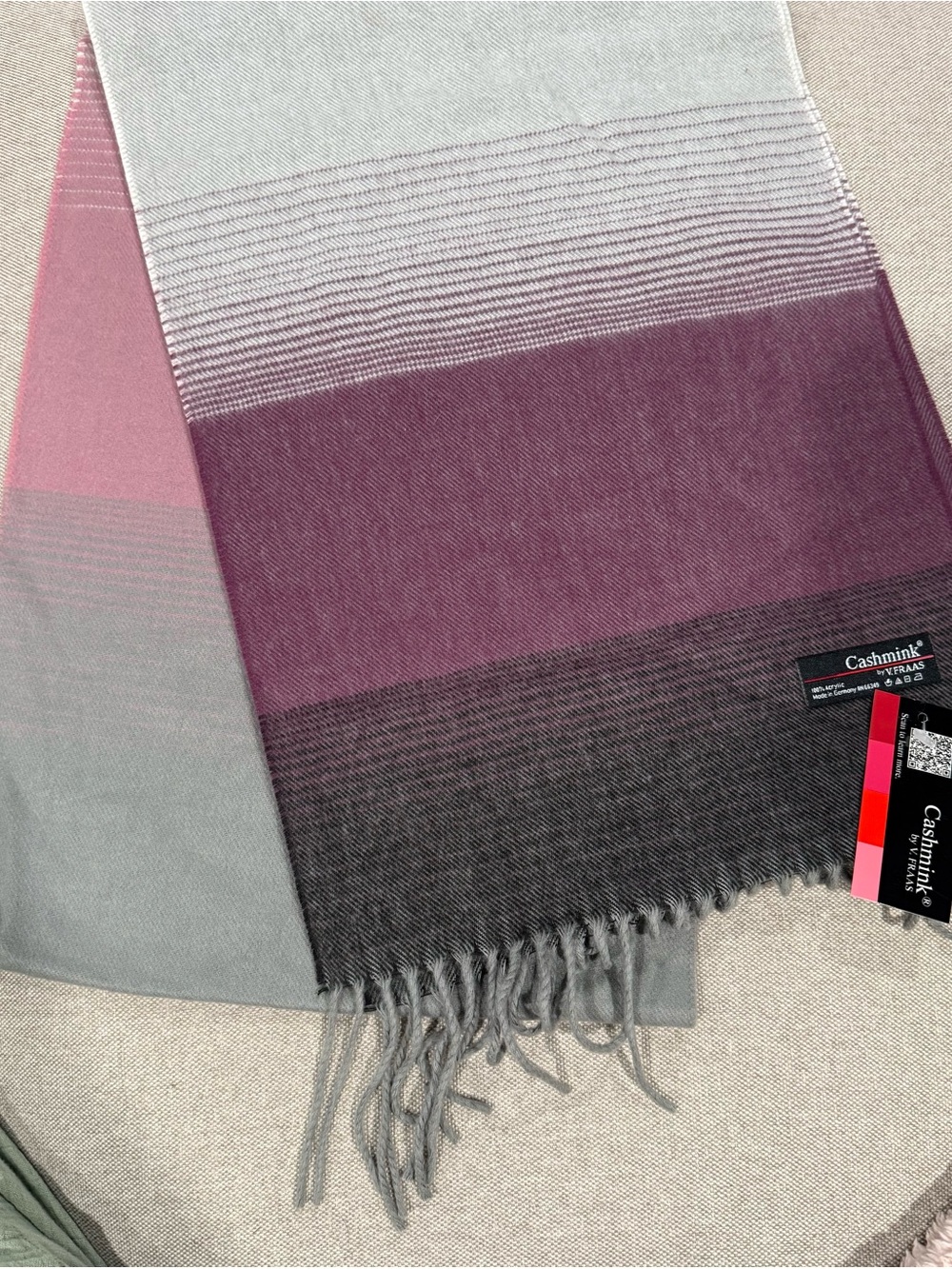 Cashmink Ombre Purple & Gray Fringe Wrap Scarf, made in Germany